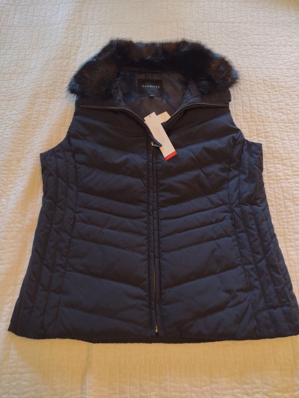 New Talbots Down Vest Women's Med Removable Faux Fur Collar Puffer Navy NWT